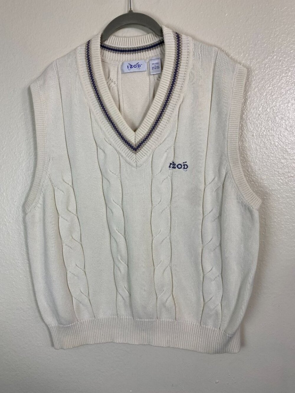 Vintage Izod White Cable Knit Sleeveless Tennis Sweater Vest Men Large Preppy